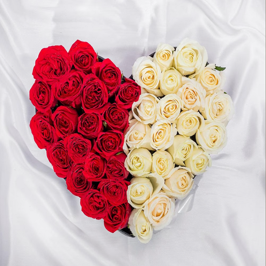 White and Red Roses arranged in Heart shape to gift for her