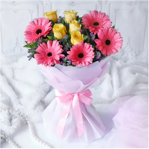 Daisy & Yellow Roses Bouquet Wrapped In Pink Fabric
