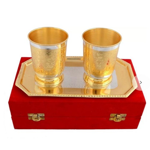 German Silver With Gold Colored Glass Set